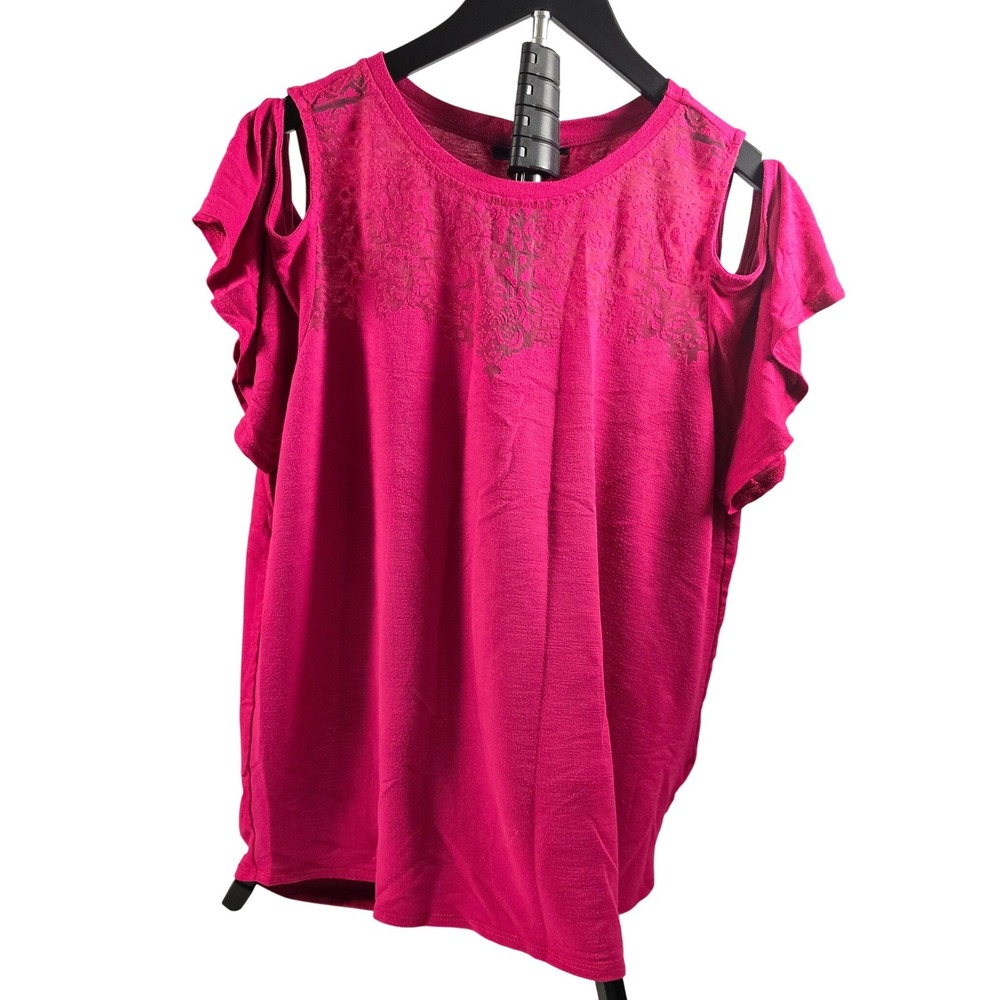 Apt. 9 Womens Magenta‎ Pink Cold Shoulder Lace Burnout Ruffle Sleeve Top XL